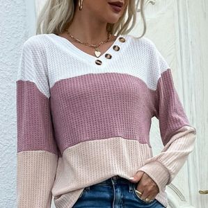 Color Block Waffle Knit Button Detail Top